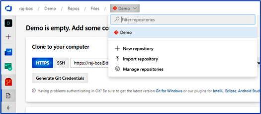 Azure Repos dropdown that doesn't show the wiki repo, only the default