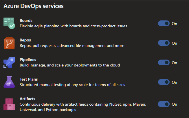 Screenshot of Azure DevOps Settings Overview page on the project level