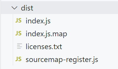 Screenshot of the dist folder with index.js, index.js.map, licenses.txt and a sourcemap file in it