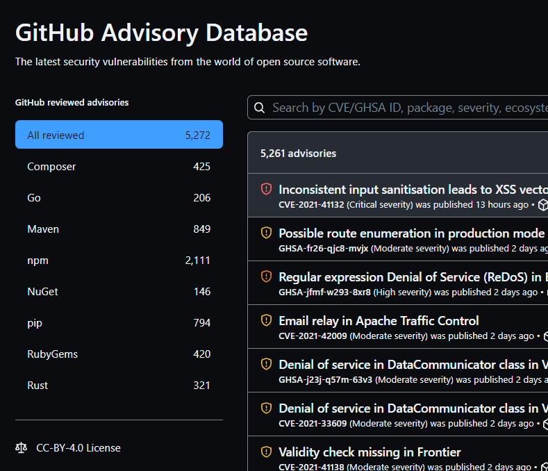 Screenshot of GitHub Advisory Database