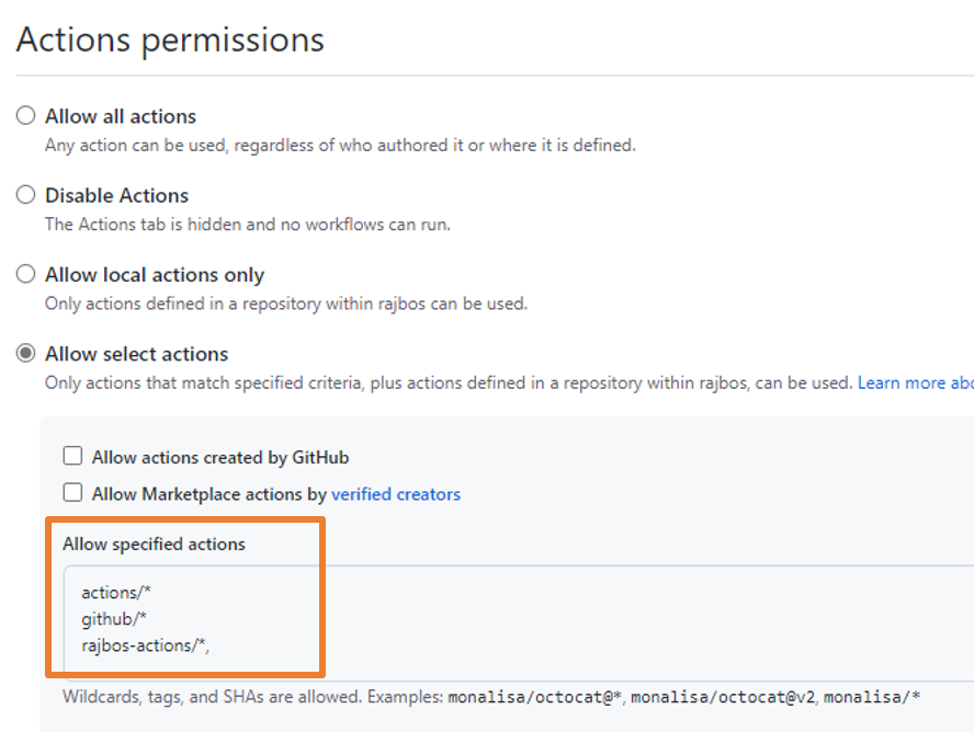 Screenshot of actions permissions in GitHub