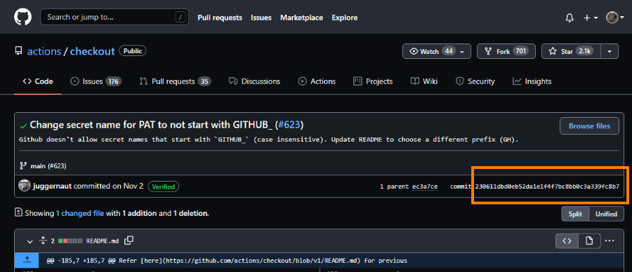 Screenshot of the GitHub UI highlighting the entire commit SHA on the commit information page