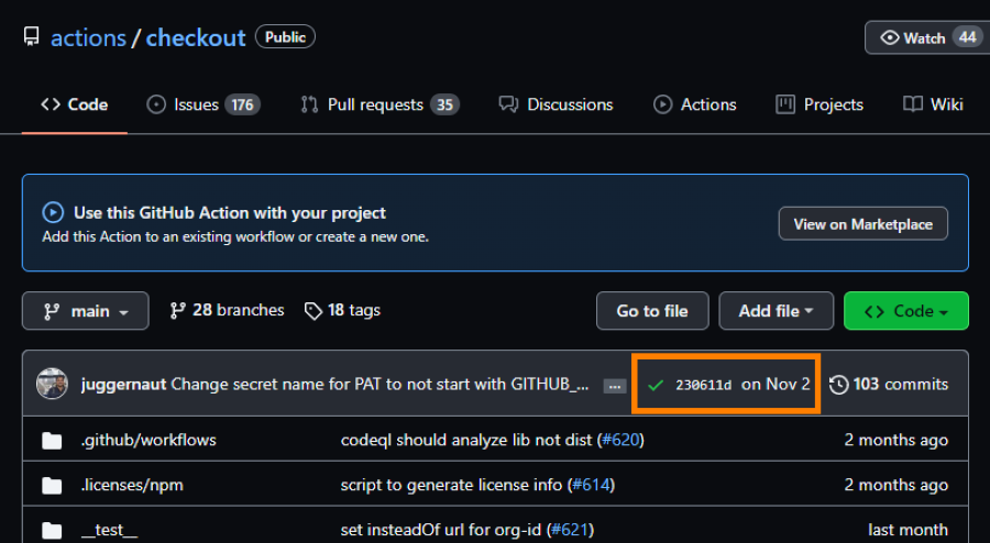 Screenshot of the GitHub UI on the repo page, highlighting the last commit SHA in the update banner