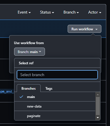 Screenshot of the workflow dispatch UI with the branch selector open