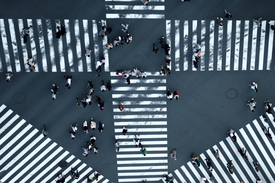 Photo of a street crossing, taken from above so it is upside down