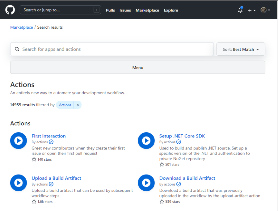 Screenshot of the GitHub Actions Marketplace showing 14955 actions available