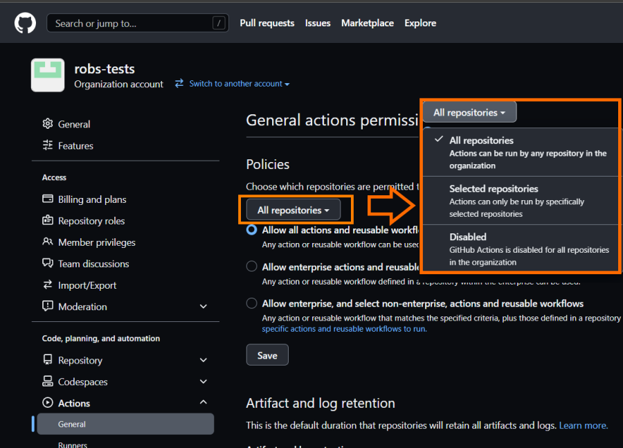 Screenshot of the 'General actions permissions' on the organization level