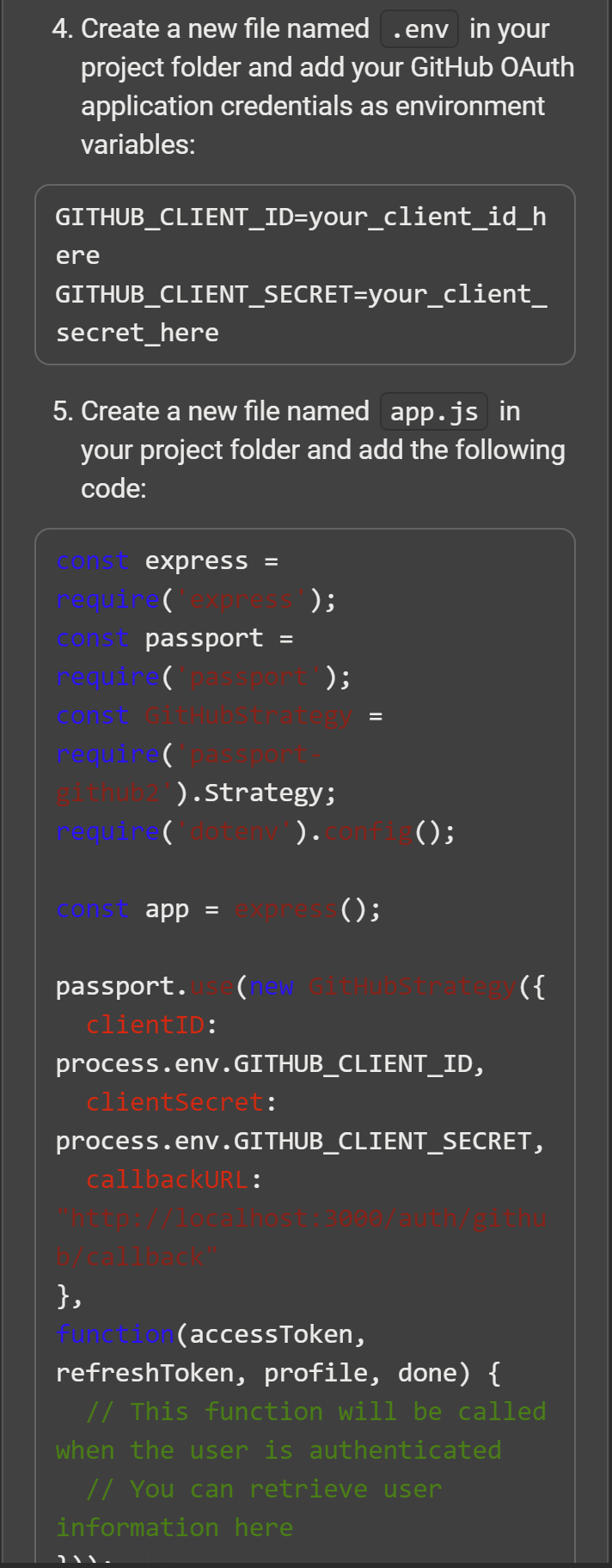 Screenshot of the .env setup and the login using the 'passport' library