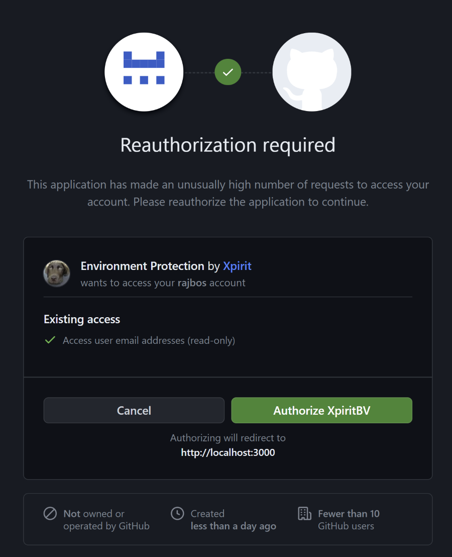 Screenshot showing the authorization of the app using GitHub login for my user and App against my localhost:3000 app.