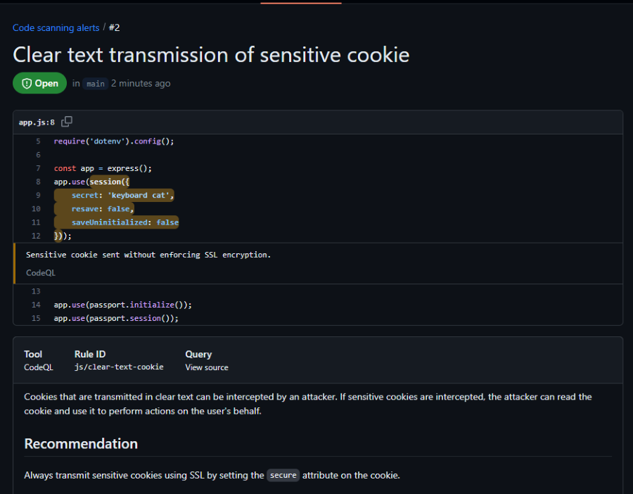 Screenshot displaying a CodeQL alert on the cookie for the user being send back to the server in plain text