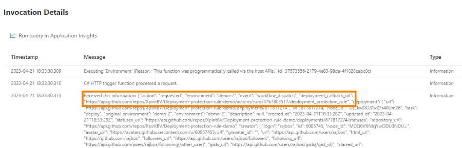 Screenshot of the Azure function log, showing the deployment_callback_url