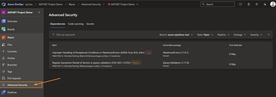 Overview of the Advanced Security alerts for a repo in Azure DevOps