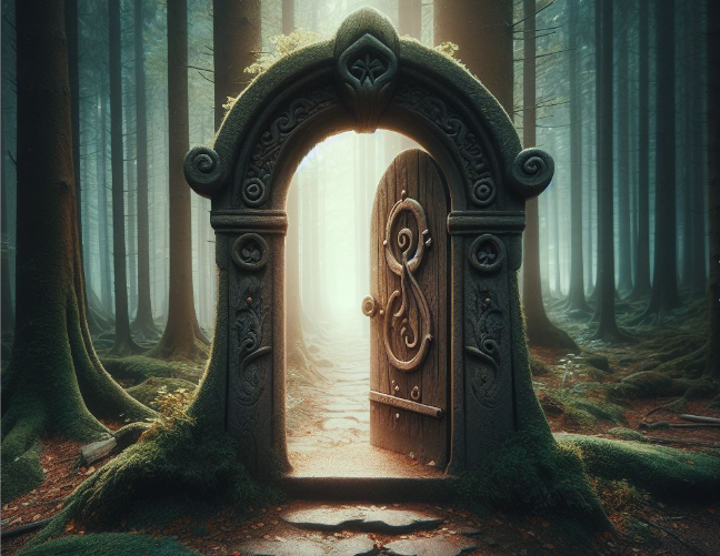 Image of an unlocked door in an enchanted forest. Generated with Microsoft Copilot Designer