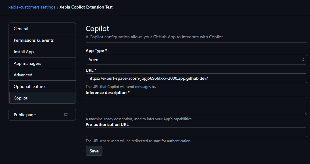 Screenshot of the Codespace settings