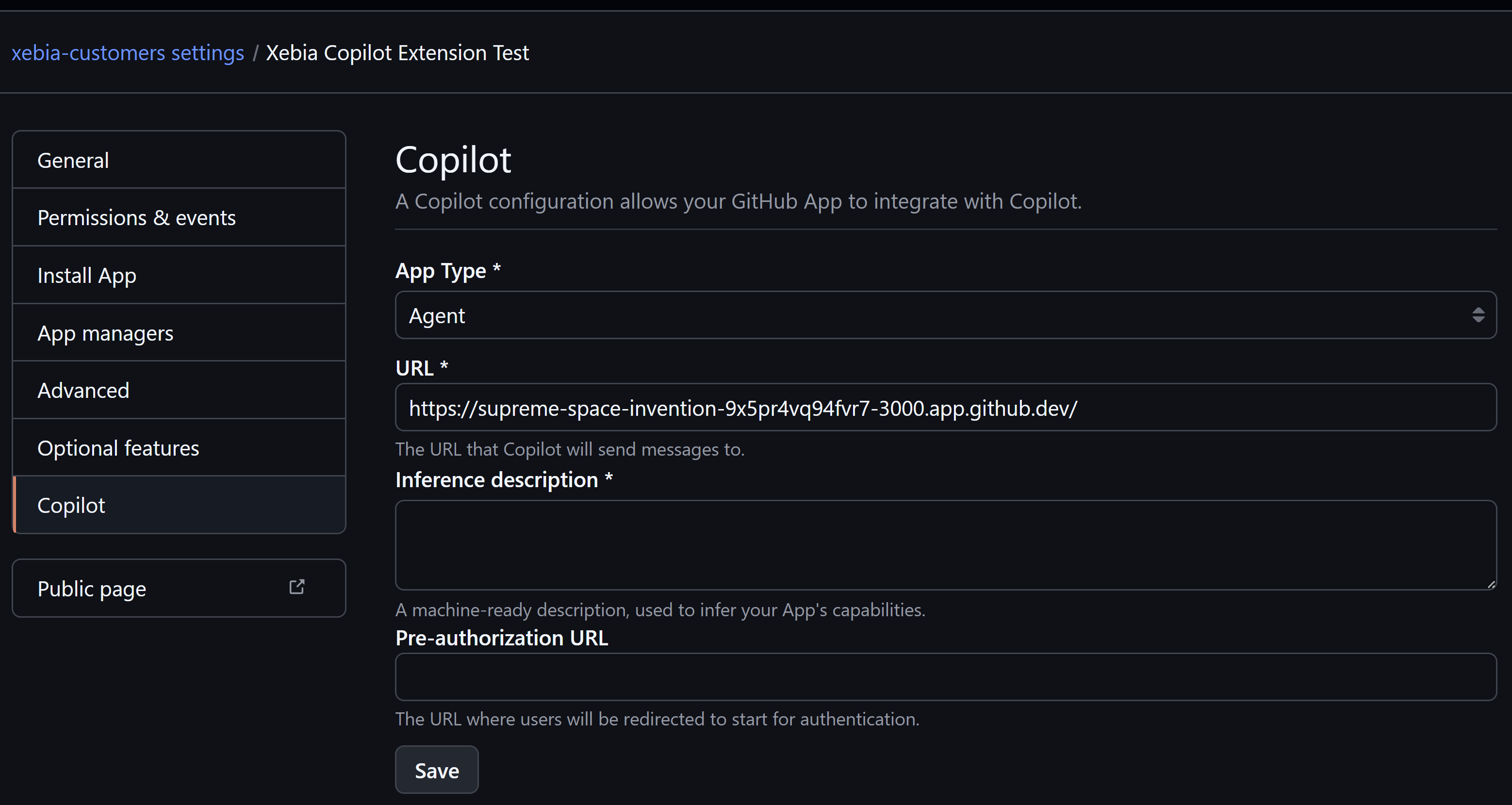 Screenshot of the Codespace URL GitHub App