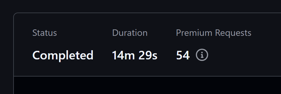 Screenshot showing that coding agent ran for 14 minutes and consumed 54 premium request