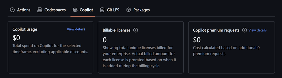 Screenshot of user usage information showing the cost of your Copilot and Premium Requests usage in the current period