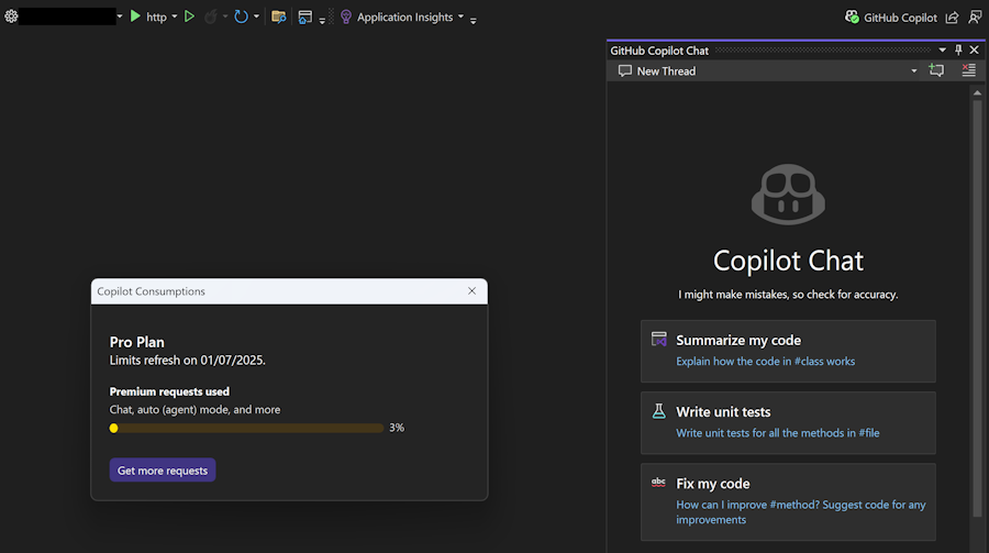 Screenshot of the amount of premium requests used in Visual Studio