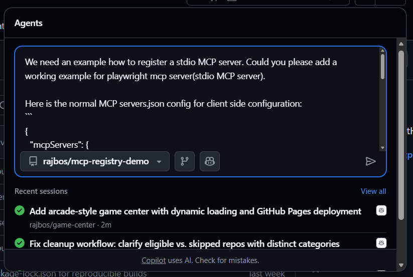 Screenshot of the agent panel