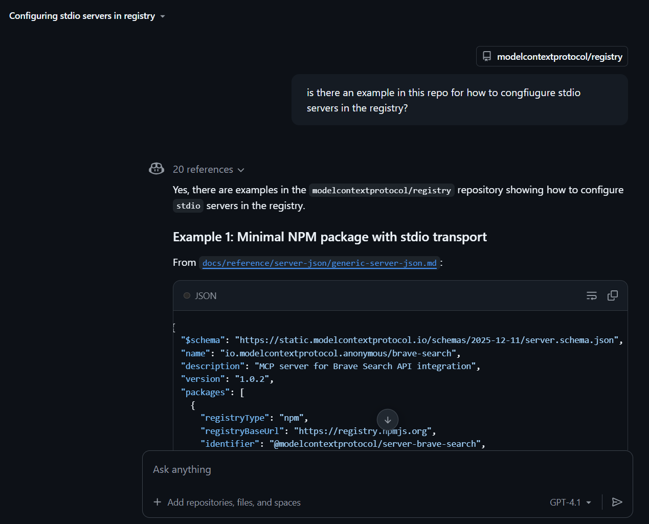 Screenshot of the webchat with this prompt: "is there an example in this repo for how to congfiugure stdio servers in the registry?" The result shows the file with the documentation