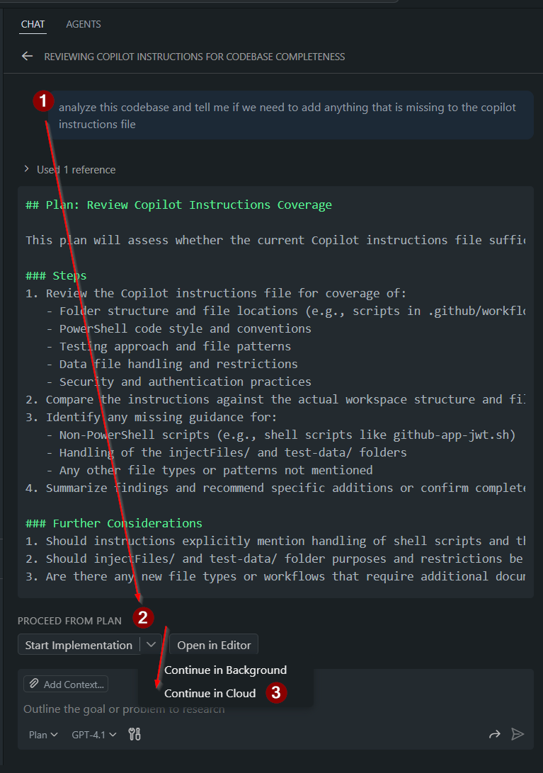 Screenshot that shows a "continue in cloud" in the hand off from Plan mode to Agent Mode