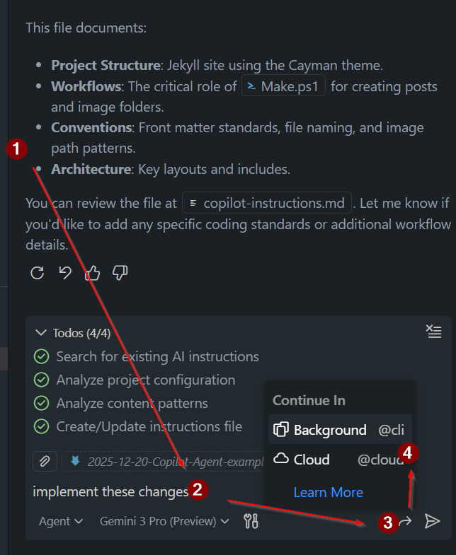 Screenshot that shows the same "Continue in cloud" button in the chat in Agent Mode