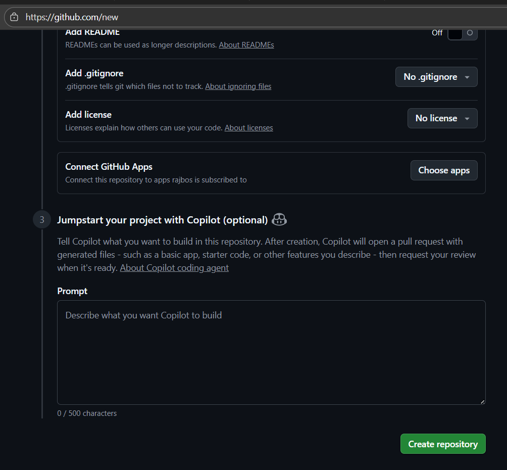 Screenshot of the new repository creation through the GitHub UI