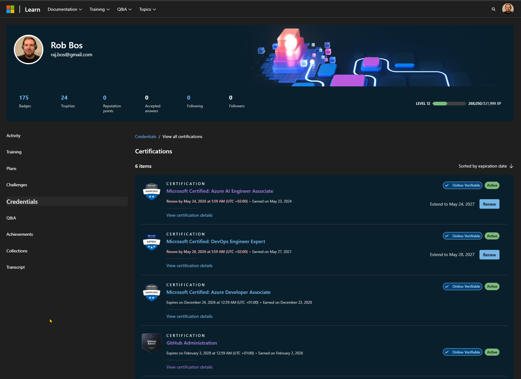 Screenshot of the Microsoft Learn Credentials page showing certifications