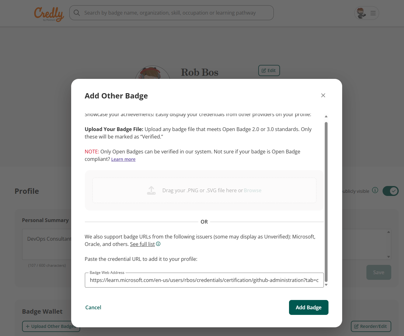 Screenshot of the Credly "Upload other badges" page showing the badge url option
