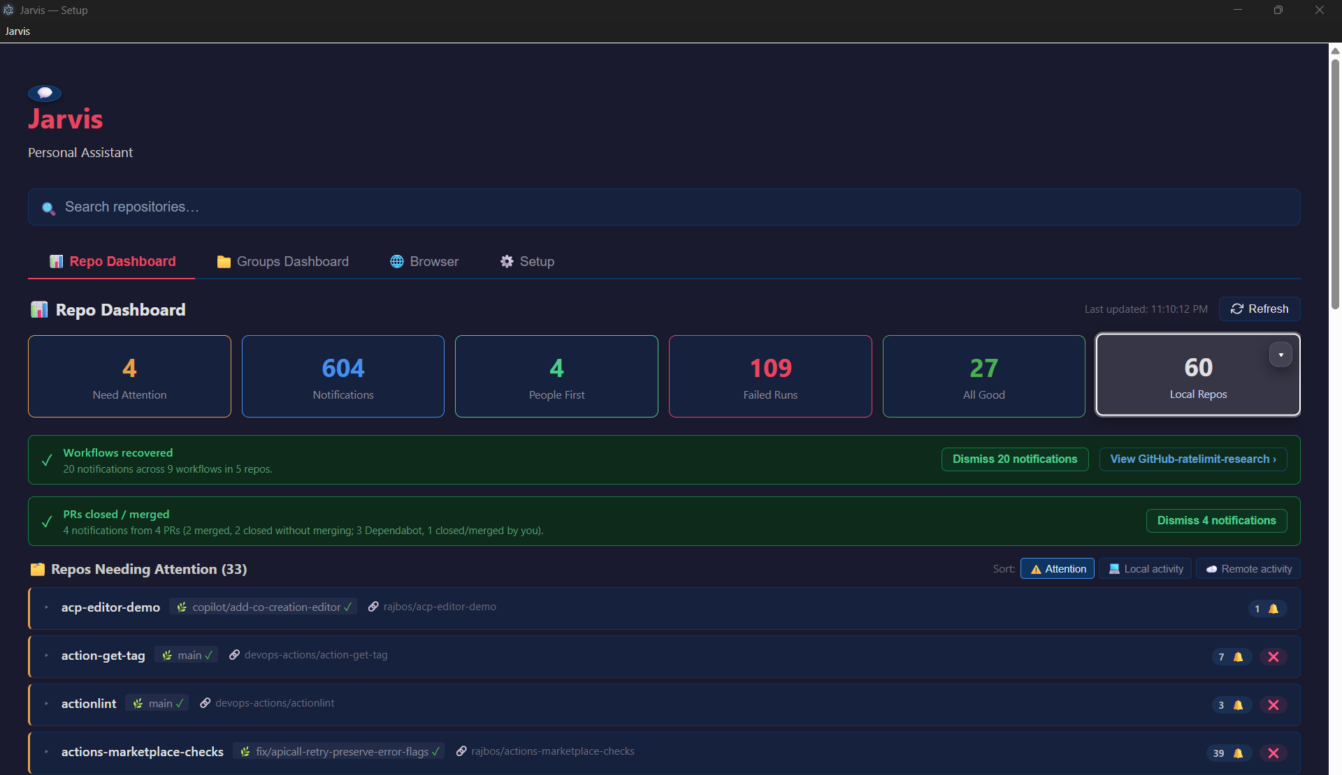Screenshot of Jarvis' repo dashboard