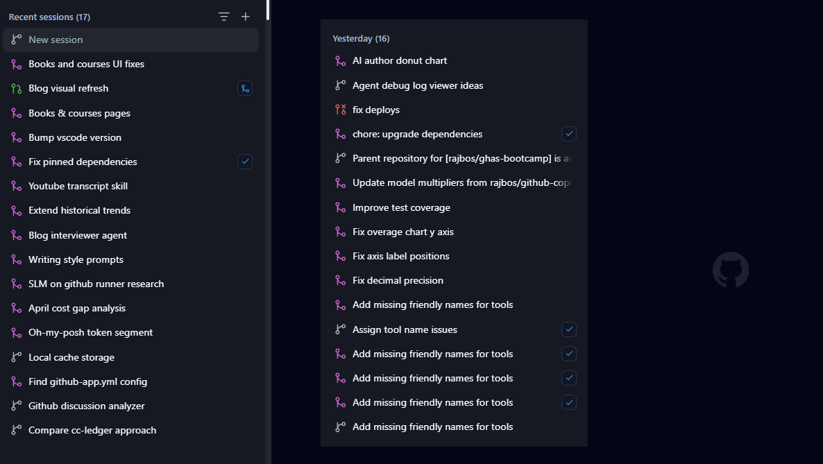 Overview of 2 days of sessions in the GitHub Copilot App